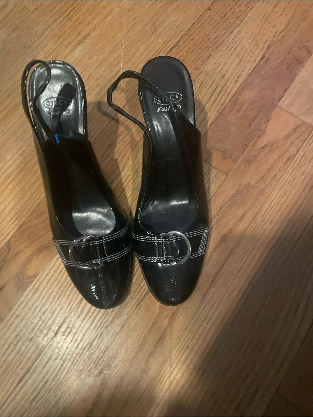 Vintage 90s Joan & David Black Patent Slingback Heels with Buckle Accent